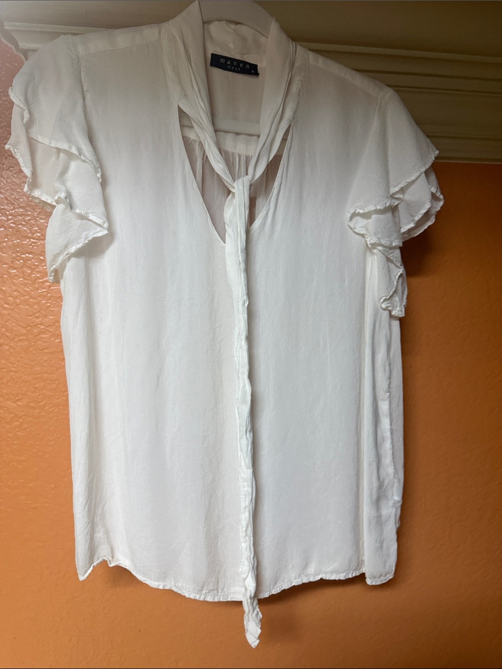 Maven West White Tie-Neck Ruffle Sleeve Blouse